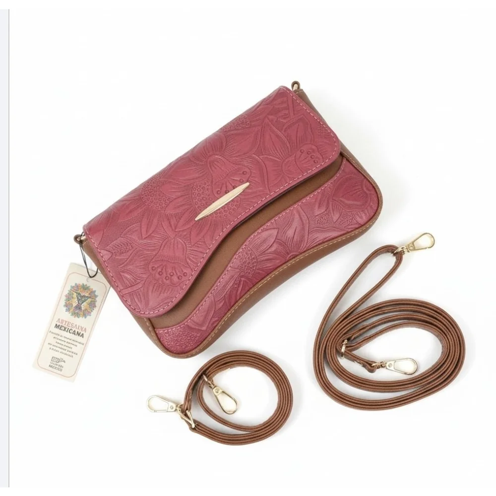 2 Straps Rosewood Pink Rose Embossed Tooled Artisan LEATHER Shoulder Crossbody